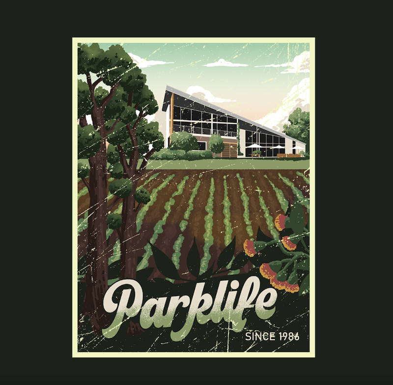 Parklife的海报设计，以农田附近的一栋建筑为特色。